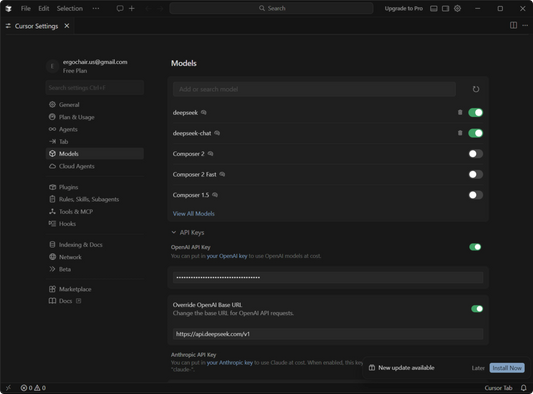 Minimalist step-by-step setup guide for DeepSeek-R1 in Cursor settings. Configured with official override URL api.deepseek.com and deepseek-reasoner model for native AI coding.