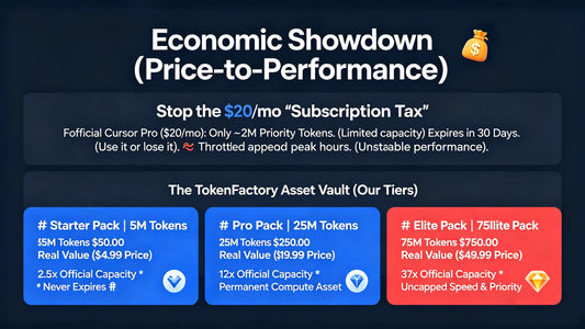 Price and performance comparison between DeepSeek-R1 API tokens and Cursor Pro monthly subscription. TokenFactory provides up to 37x more capacity for the same price with zero expiration.